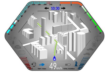 image of car dashboard with GPS navigation speedometer tachometer and different indicatorsのイラスト素材