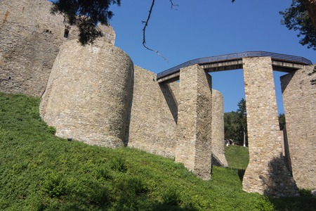 walls and bridge to the old medieval castle Neamt in Romania, Europeの写真素材