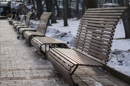 modern wooden benches in the winter park. perspective shotの写真素材