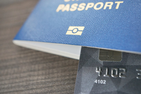 all that is needed for traveling biometric foreing passport and payment plastic credit card with electronic chipの写真素材