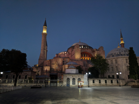 ISTANBUL, TURKEY - SEPTEMBER 24, 2018: View at Hagia Sophia at night blue hour. Domes and minarets beautifuly highlightedのeditorial素材