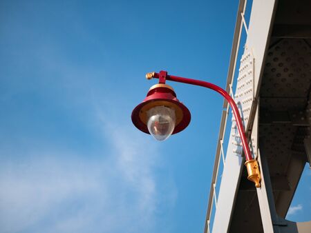 vivid red city lantern with blue sky on backgroundの写真素材