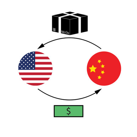 USA China trading concept. United States and China flags exchange goods made in China for money. Vector illustrationのイラスト素材