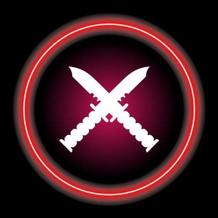 two knives crossed in neon style circle . hunter knife icon concept. Vector illustrationのイラスト素材