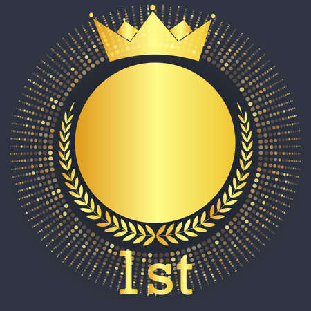 1st place winner avatar medal icon concept with golden crown and laurel. Vector illustrationのイラスト素材