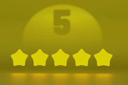 five golden stars rating symbol abstract background with number 5 on a wall for hotels or servicesの写真素材