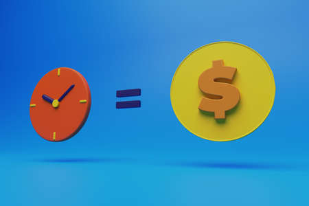 graphic render 3d illustration depict time is money concept in cartoon style. round clock and dollar coin on blue backgroundの写真素材