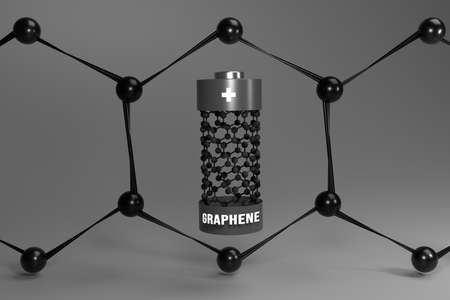 graphene battery concept framed with atomic cells hexagon connection. 3d render illustration in...