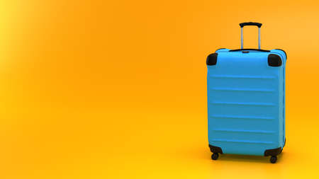 blue luggage suitcase on yellow background. travel vacation concept. 3d render illustrationの写真素材