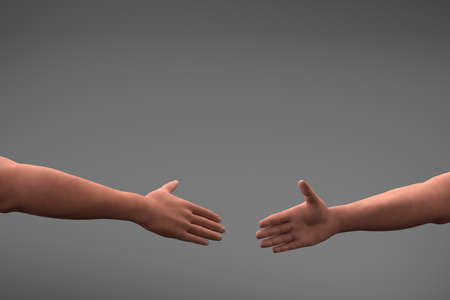 two hands reaching out to each other for handshake on gray background with lot of copy space. 3d render illustrationの写真素材