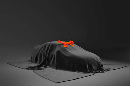 contemporary car hidden under black cloth with red ribbon on top. present or gift concept. low key, dim light 3d render illustrationの写真素材