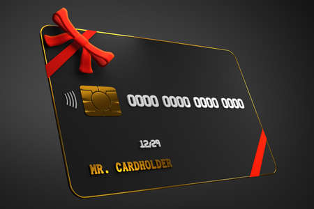 black credit bank card with red ribbon. premium, luxury, platinum vip gift concept. 3d render...