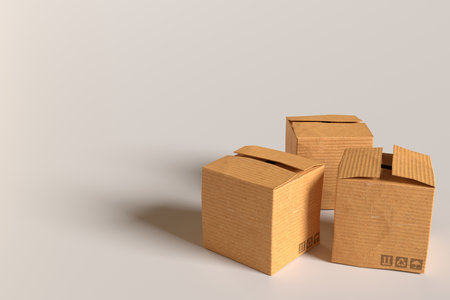 three carton cardboard boxes on grey background. delivery, warehouse, shipping, moving concept. 3d...