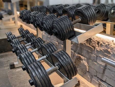 close-up rows of dumbbells in gymの写真素材