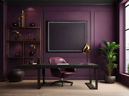 old money vibe office interior design in plume dark color. writing desk, armchair, fancy lamp and flower pot. AI-generated imageの素材