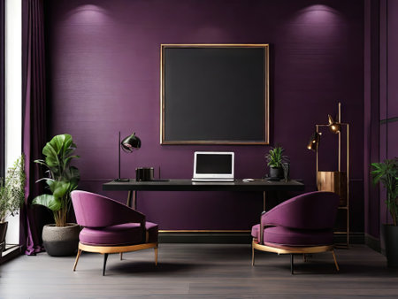 modern meeting room in dark eggplant, plum color style. office desk, two armchairs and laptop. AI-generated imageの素材
