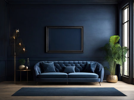 dark blue modern loft lobby with velvet sofa and frame for mockup. AI-generated imageの素材