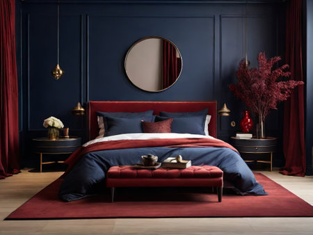 modern bedroom in blue and red dark tones. round mirror hangs above bedhead. AI-generated imageの素材