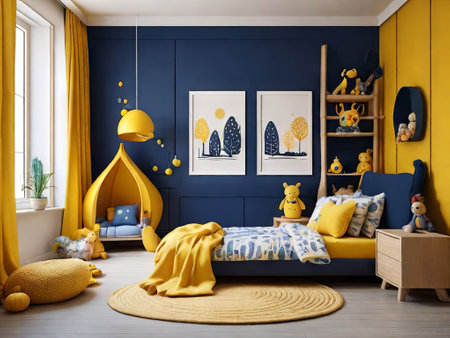 modern kids bedroom in yellow and blue tones. shelfs with toys, two paintings on wall. AI-generated imageの素材
