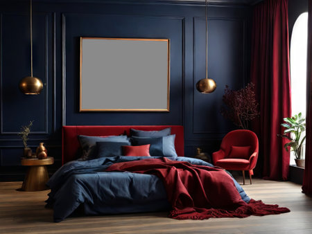 elegantly designed bedroom with dark blue wall panels. A large bed is the centerpiece, adorned with navy blue sheets, multiple pillows, and a deep red throw blanket. Above the bed hangs an empty framed canvas. AI-generated imageの素材