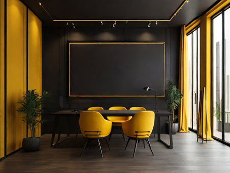 modern conference office room in black yellow tones with huge frame on wall for presentation. AI-generated imageの素材