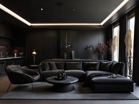 Luxury living room with black leather sofa and black coffee tableの素材