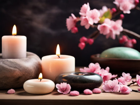 wellness massage salon background concept with sherry blossom, sacura flowers and candlesの素材