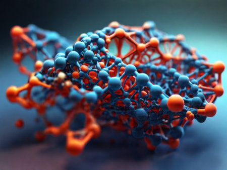dna molecules concept. blue and orange cells connectedの素材
