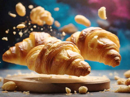 close-up few golden croissants fly in midair with vivid backgroundの素材