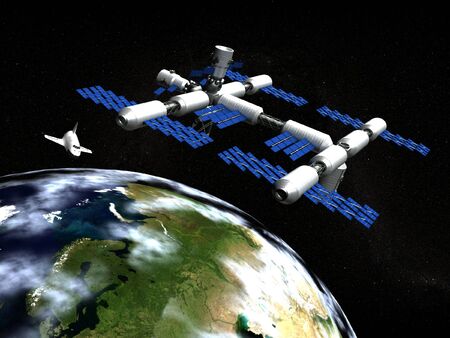 Space station and shuttle in orbit the earth