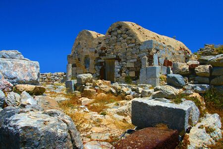 The ancient chapel on the island of Santorini.の写真素材