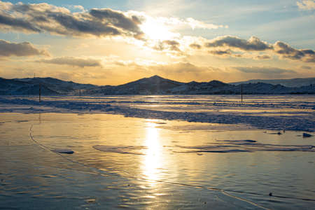 Baikal, Lake Baikal, ice, cracks, Siberia, winter on Baikal, cracks in ice, blue ice, sunset on baikal, sunset on winter baikalの写真素材