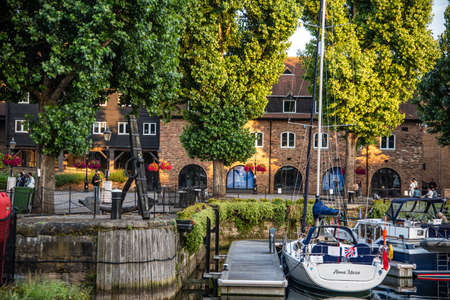 Yachts moored at dock in London on a River Thames, London.のeditorial素材