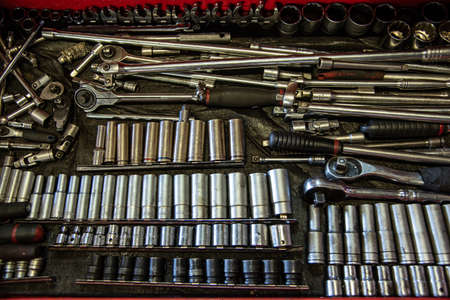 Open shelf of the toolbox with variedy of sockets.の写真素材