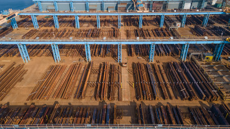 Steel beams, rusty and clean, by the warehouse in industrial estate, Hove, East Sussex, UK.の写真素材