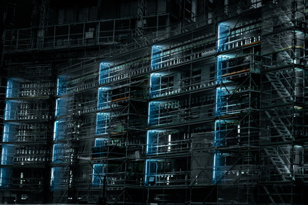 Lights on scaffolding around the building site.
