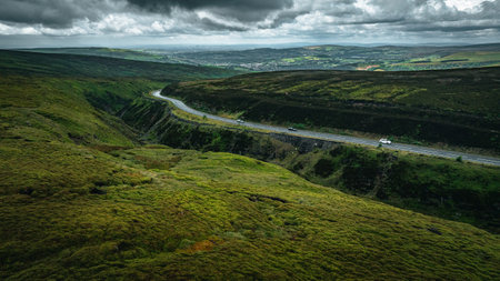 Aerial view of curvy windy roads on a moody summer day in Yorkshire, UKの写真素材