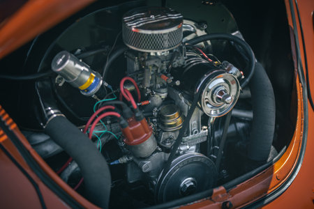 Open bonnet of a classic car displaying fully restored engine compartment.の写真素材