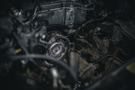 Torque converter sticking out of automatic transmission with engine removed on a modern car.