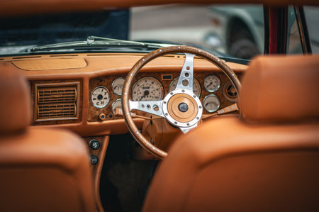 Interior of a luxury, classic car on a motor show.