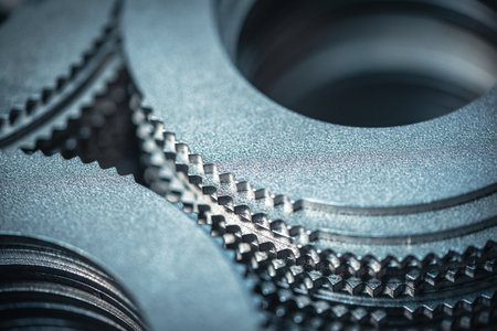 Close up of small metal gears and parts stacked up after production