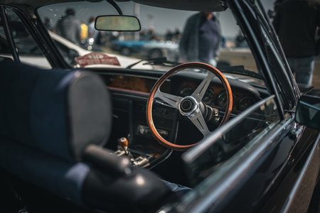 Interior of a luxury, classic car on a motor show.