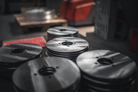 Close up of small metal disks stacked up after productionの写真素材