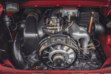 Open bonnet of a classic car displaying fully restored engine compartment.の写真素材