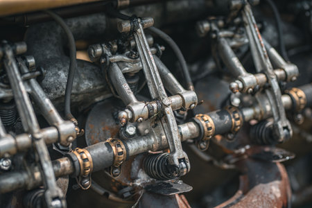 Vintage car with engine on display, Monarch veteran car.