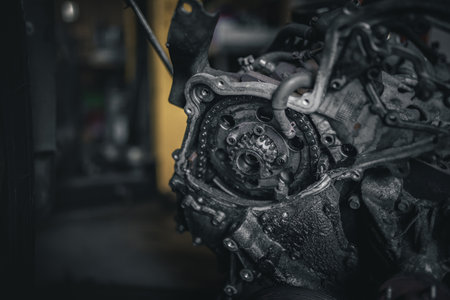 Timing cover off the engine exposing chain and cogs, automotive repair.の写真素材