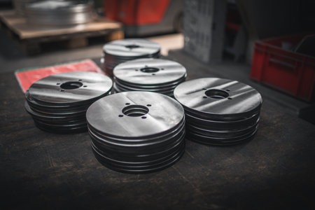 Close up of small metal disks stacked up after productionの写真素材