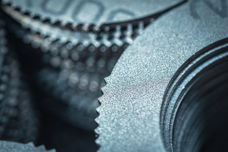 Close up of small metal gears and parts stacked up after productionの写真素材