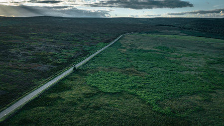 Aerial view of curvy windy roads on a moody summer day in Yorkshire, UKの写真素材