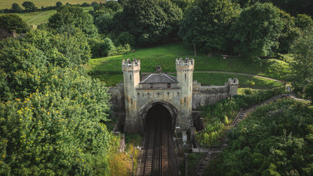 Rail track tunnel with castle looking house on top, in a green hill, East Sussex, UKの写真素材